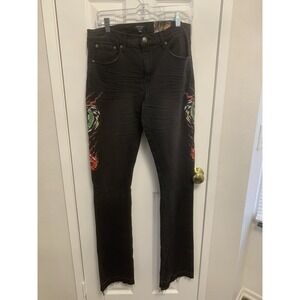 NWT ED HARDY Dragon Stacked Bootcut Men's Jeans Black Wash 30 x 37 Raw Hem